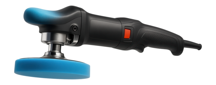 Handheld rotary polisher with a 6-inch foam pad for automotive detailing.