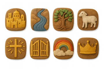 Colorful religious cookie symbols featuring biblical imagery and nature motifs