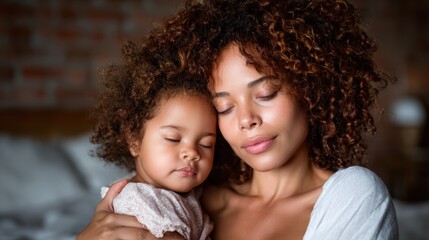 Obraz premium A heartwarming image of a mother and her child, both with closed eyes, embracing each other quietly and sharing a profound moment of love and serenity in a soft light.