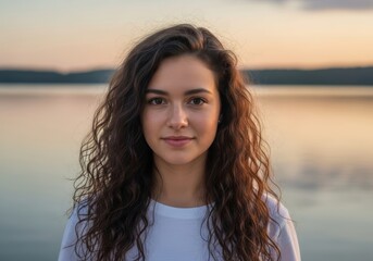 Calm Portrait of Young Woman at Sunrise by the Water's Edge