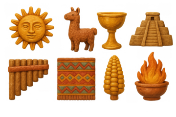Inca and andean culture symbols: sun, llama, chalice, pyramid, pan flute, textile, corn, fire