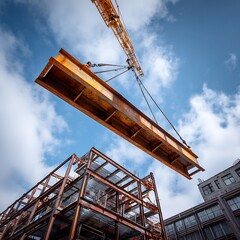 Construction crane lifting steel beam for building assembly under a bright cloudy sky