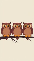 Three Cute Brown Owls Sitting on a Branch Against Light Background