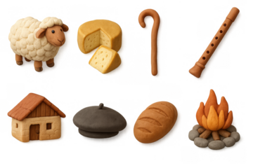Clay style folk art icons featuring sheep, cheese, stick, flute, house, pot, bread, and campfire
