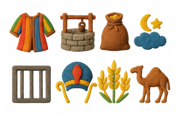 Colorful biblical symbols set in clay art style featuring joseph's coat and pharaoh's crown