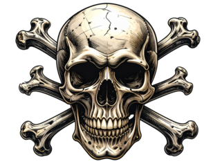 Cassic Pirate Skull and Crossbones, Front View, Detailed Line Art, isolated on transparent background png