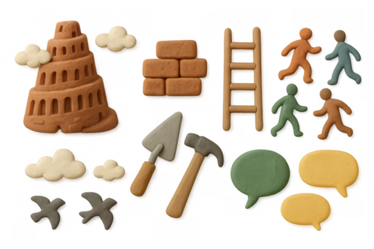Handcrafted clay babel tower with tools and people in vibrant 3d elements