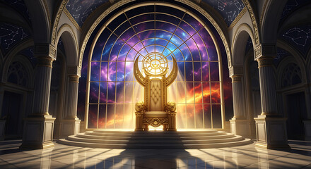 A golden throne room with a galaxy view through a large window