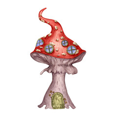 Magical Red Mushroom House Clipart, a whimsical Fantasy and Fairy Home with Blue Windows, a hand-drawn magical and enchanting forest cottage watercolor illustration with a transparent background.