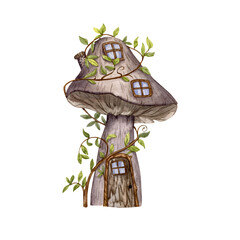Fantasy Mushroom House Clipart, a whimsical Fairy Home with a Wooden Door and Green Ivy, a hand-painted watercolor illustration of a magical forest cottage with a transparent background.