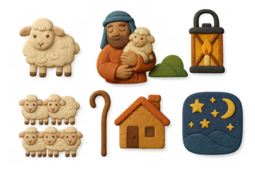 Pastel clay artwork of shepherd and sheep with cozy night scene