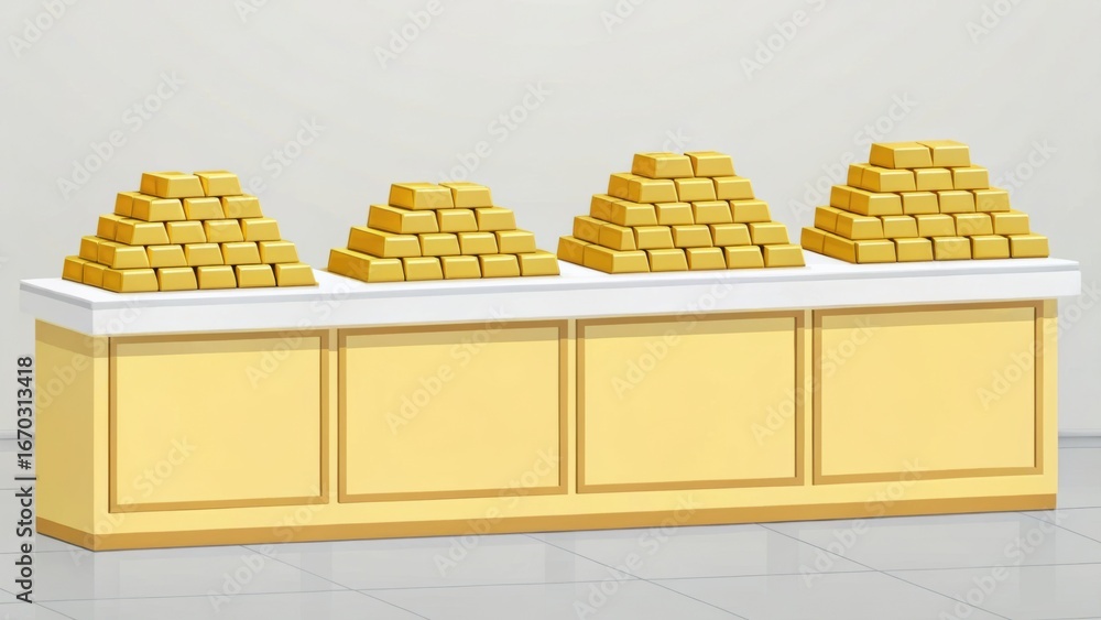 Poster a display of gold bars arranged in pyramid shapes on a sleek counter, emphasizing wealth and luxury 