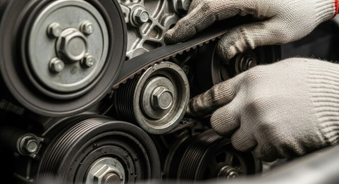 Mechanic adjusting a car engine belt with gloved hands in a repair shop for vehicle maintenance