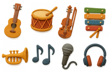 Clay style musical instruments with textured detail for creative designs