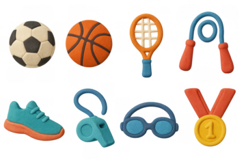 Colorful clay sports icons: soccer, tennis, and more