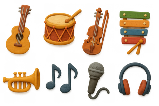 Clay style musical instruments with textured detail for creative designs