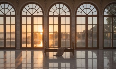 Sunrise through arched windows in grand hall