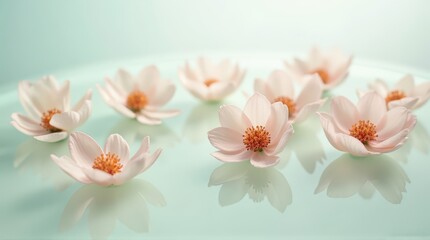Fototapeta premium Soft Pink Flower Arrangements Floating on Water in Calm Light Blue Setting