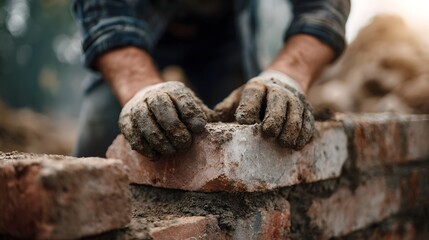 A construction worker skillfully lays bricks at a building site  long title A construction worker is shown carefully stacking and laying bricks on a