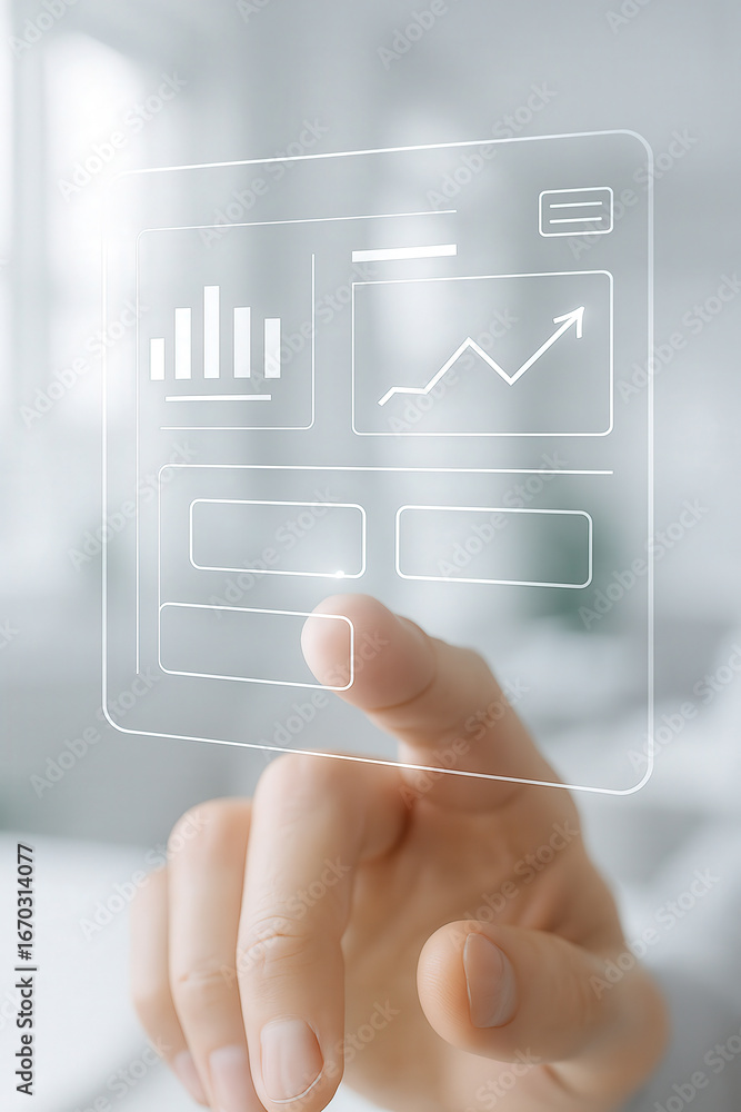 Poster close-up of hand touching transparent virtual interface with charts and buttons in futuristic office