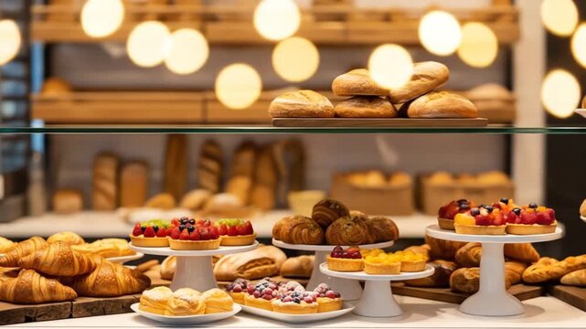 Fresh Pastries and Fruit Tarts Display at a Cozy Bakery