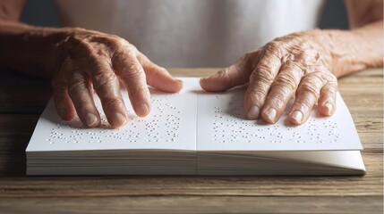 Aged hands reading braille.