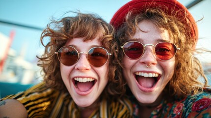 Two cheerful friends capture a moment of joy, laughing and showcasing vibrant personalities, emphasizing the beauty of friendship and shared experiences.