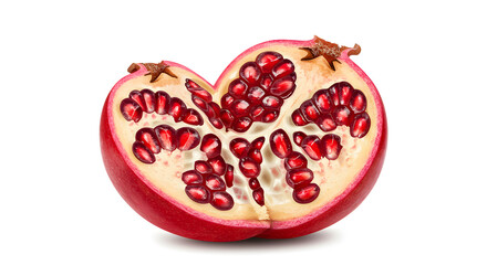 Juicy Pomegranate Splitting Open Revealing Red Seeds in Bright Studio Light, Close-Up View on White Background, Healthy and Delicious Fruit Concept