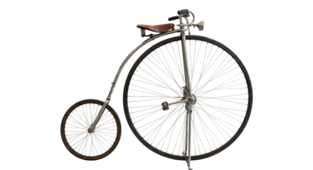 Antique penny-farthing bicycle with polished metallic and warm brown leather seat in a modern office lobby, polished light floors, glass walls, soft natural light, concept of timeless ingenuity