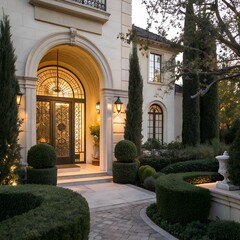 Fototapeta premium Elegant Mansion Entrance with Grand Arched Doorway and Manicured Gardens