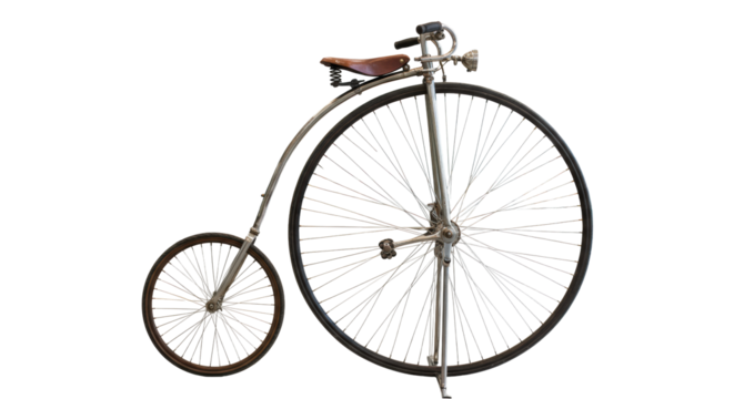 Antique penny-farthing bicycle with polished metallic and warm brown leather seat in a modern office lobby, polished light floors, glass walls, soft natural light, concept of timeless ingenuity