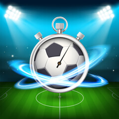 Sports stopwatch with soccer ball on stadium background. Vector illustration