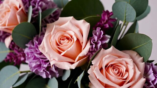 Elegant Floral Arrangement Border with Peach Roses, Pink Hydrangeas, Purple Carnations and Eucalyptus