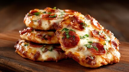 A tantalizing stack of homemade pepperoni pizzas topped with melted cheese and fresh herbs, showcasing a mouthwatering combination of flavors that appeals to food lovers.