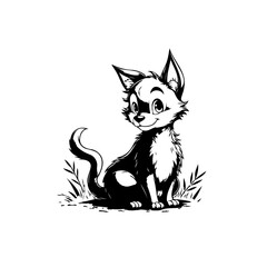 Charming cartoon feline sitting amidst stylized foliage a whimsical monochrome illustration with