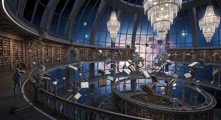 Majestic multilevel library interior ornate bookshelves floating books crystal chandeliers futuristic figures.