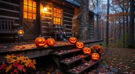 Jack o lanterns glowing on a cabin porch in autumn create a spooky halloween holiday atmosphere