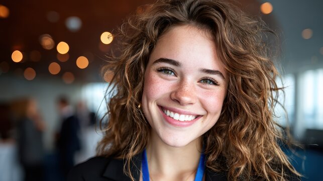 A bright, cheerful young woman with curly hair and a captivating smile poses in a professional setting, radiating confidence, youth, and approachability with vibrant energy.