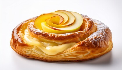 a golden brown danish pastry with a creamy light yellow filling and a slice of apple sits on a white background