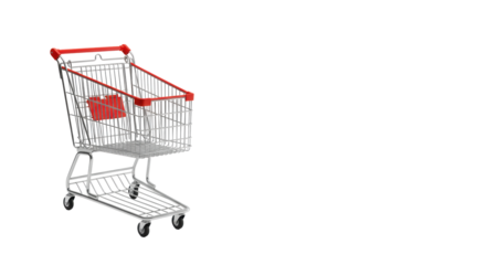 A pristine, modern, empty metal shopping cart with bright red handles and black wheels, isolated on a stark white background with high-key studio lighting, concept of modern business efficiency and