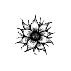 Detailed botanical illustration depicting a stylized flower with intricate line work creating a