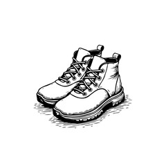 Detailed monochrome drawing showcasing classic laced boots with sturdy soles and crafted leather