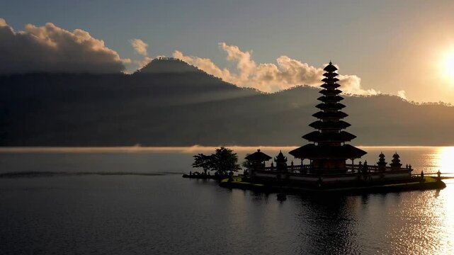 stunning dawn scene at renowned water temple, capturing the golden hour light