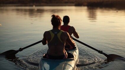 Athletes paddle canoe in golden waters with serene minimalist horizon view