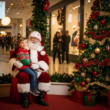 Child sitting on Santa Claus&rsquo;s lap at shopping mall