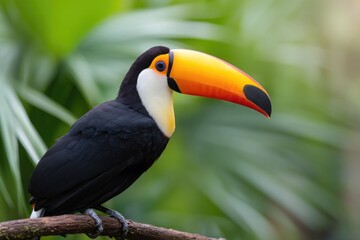 Fototapeta premium Colorful toucan perched gracefully on branch, surrounded by lush
