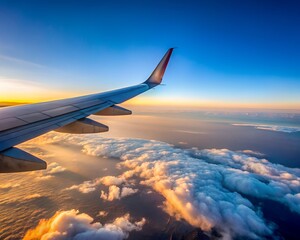 Obraz premium Airplane wing flying above clouds during a beautiful golden hour sunset