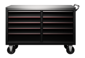 Heavy-duty steel tool trolley with swivel casters for mobility in a car maintenance facility.