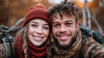 A joyful couple posing for a selfie against the backdrop of autumn foliage, embodying warmth, connection, and the beauty of nature in a rustic setting.