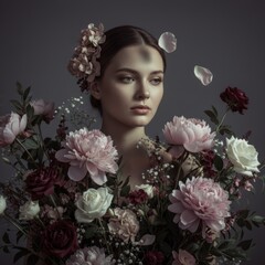 Naklejka premium Portrait of beautiful girl surrounded by fresh flowers. Face of a young beautiful woman close-up with healthy clean skin and bright makeup. Beauty salon, screensaver, banner, beautician, cosmetologist